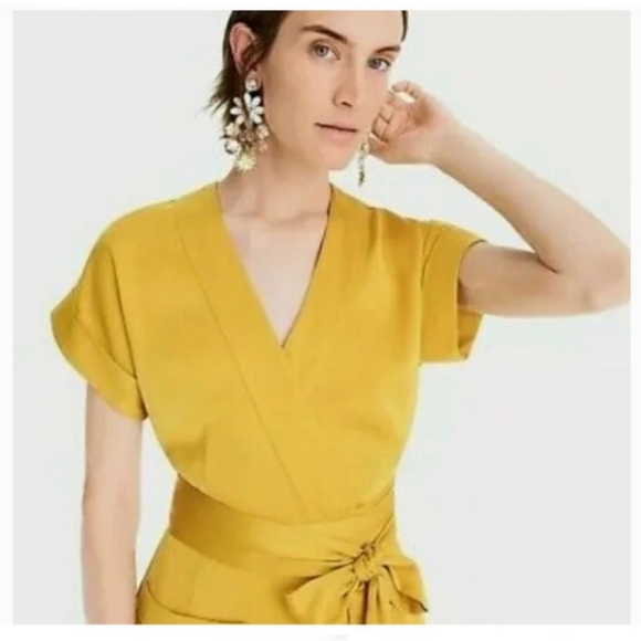 J Crew Short Sleeve Wrap Midi Dress XS Gold Yellow Satin - Picture 4 of 8